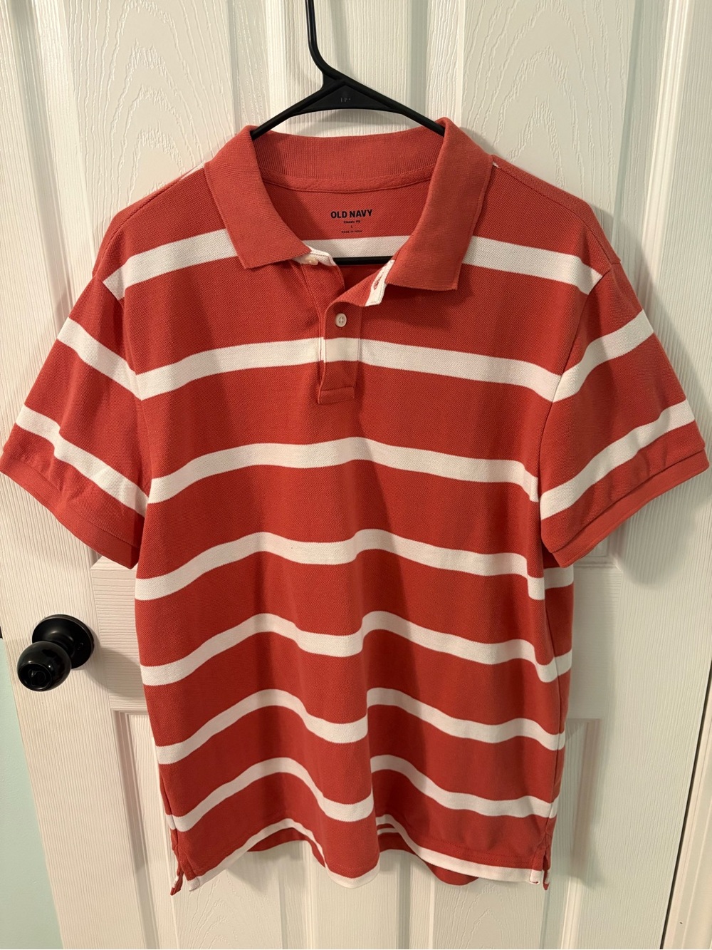 Old Navy Men's Salmon and White Striped Polo Shirt